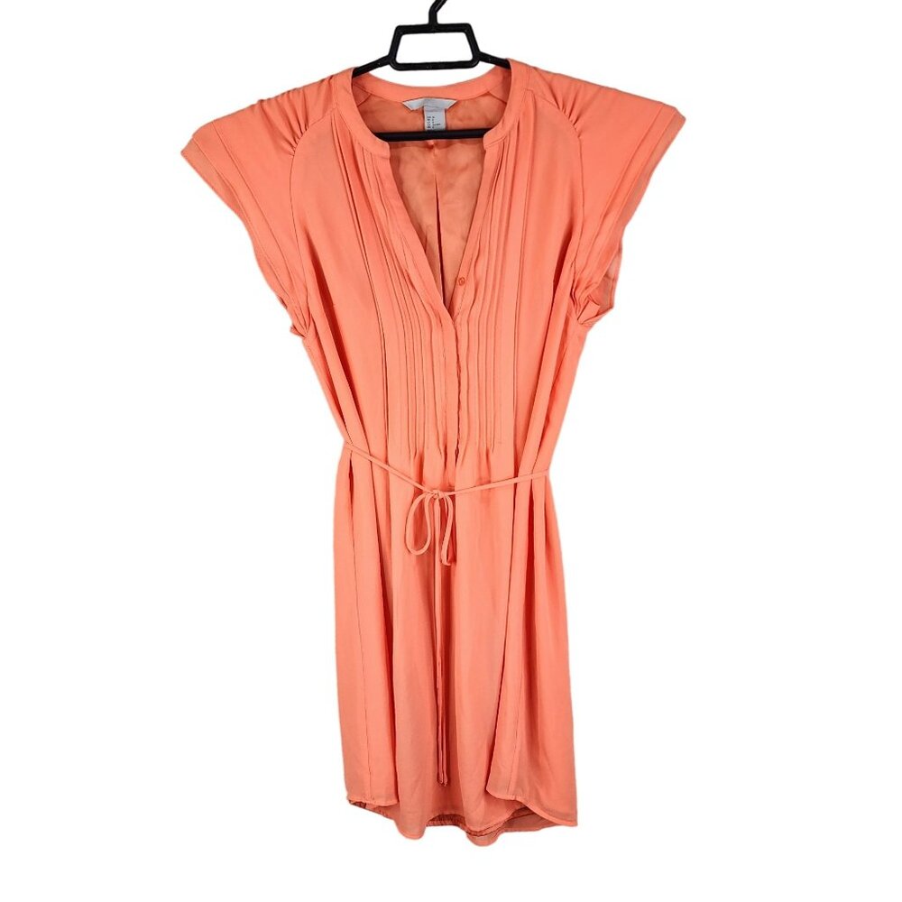 Women's H&M Coral Orange Pleated Dress V Neck Cap Sleeve Belted Size 8